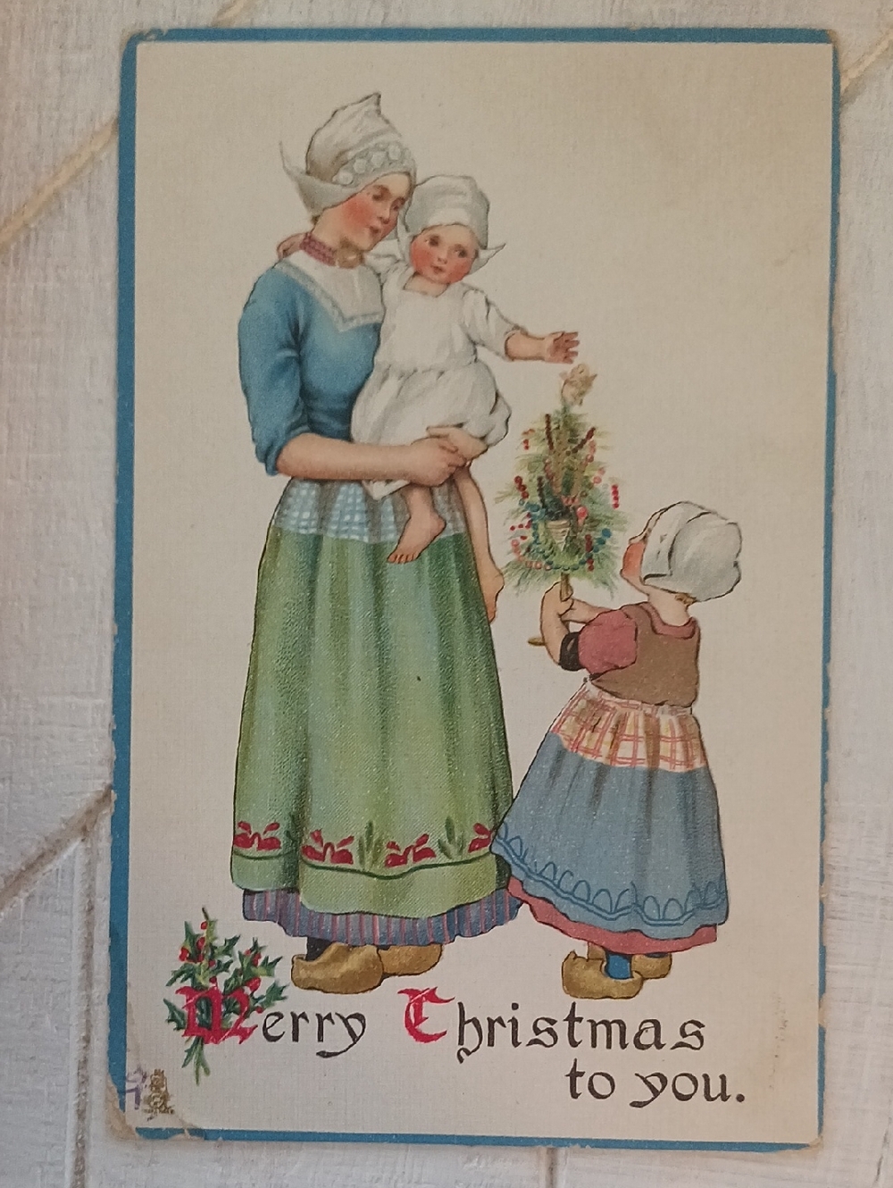 1914 Antique Merry Christmas To You Postcard Tucks & Sons With wood Frame